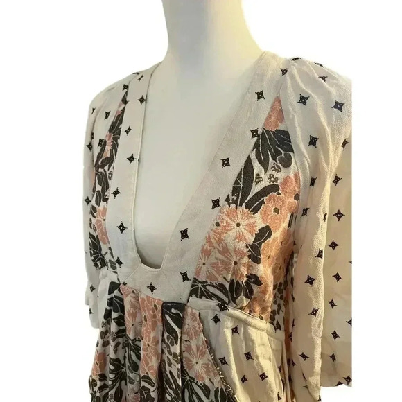 Free people talluhah mini dress boho floral 3/4 sleeve v neck size xs - Picture 5 of 10